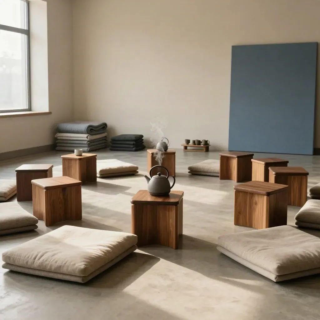 Quiet wellness room with stools, cushions, kettle and tea steam after a workshop