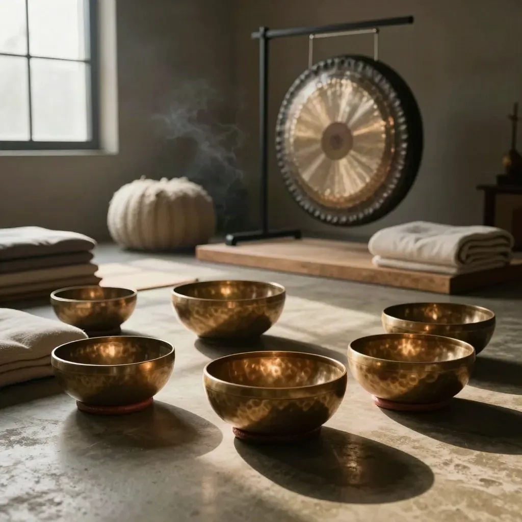 Sound bath studio with singing bowls, gong, bolsters and folded blankets in smoky hush