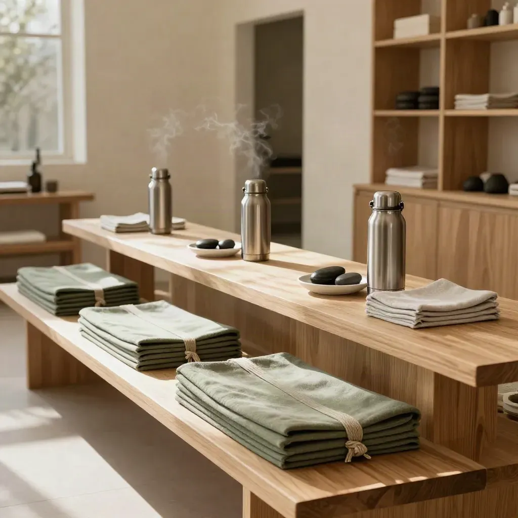 Three matching wellness nook setups on a bench with mats, thermoses, stones and steam