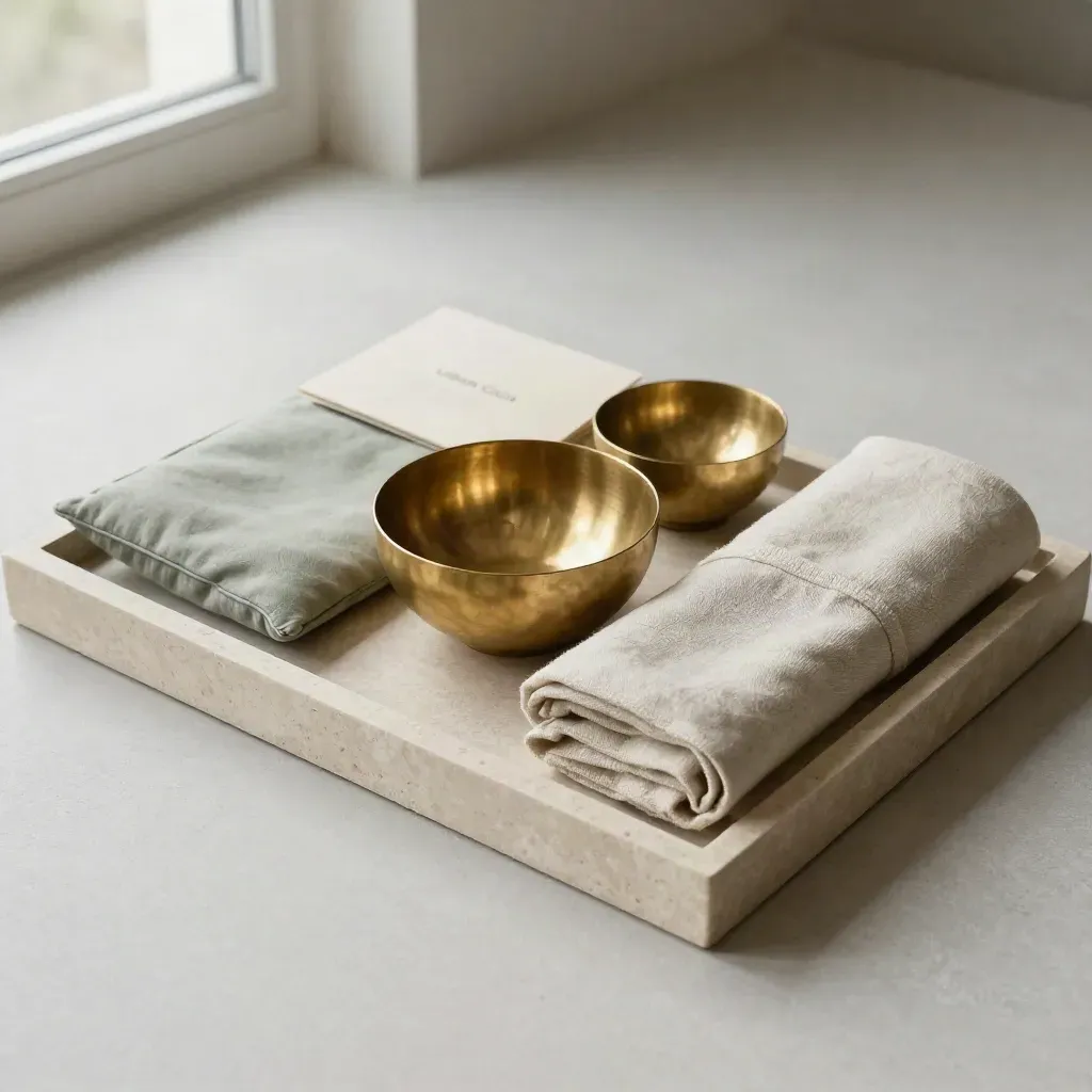 Overhead tray still life with sage swatch, brass bowl and linen wrap on stone
